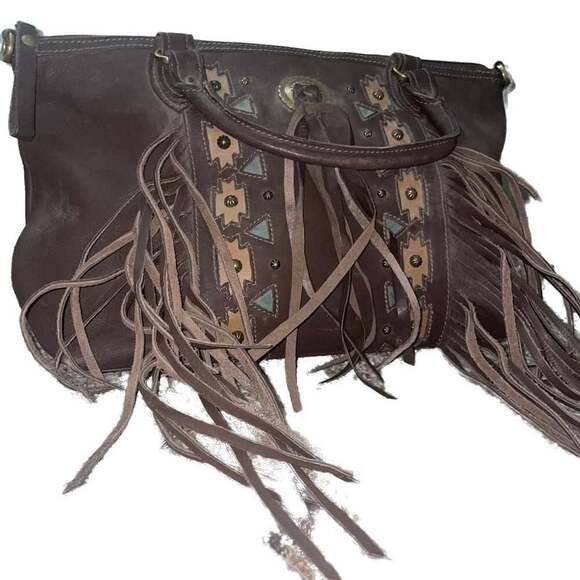 American West Handbags - American West Brown Leather Fringe Western, Turquoise, Boho